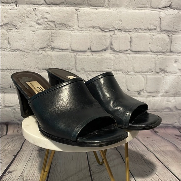 Etienne Aigner Navy Leather Mules with Block Heel Sz 7 - Picture 1 of 6